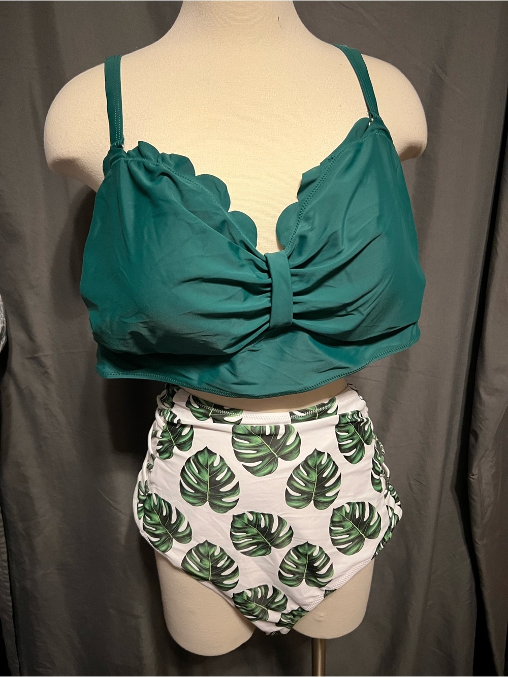 High-Rise Tropical Leaf Bikini Set - Teal Top & White Leaf Print Bottom